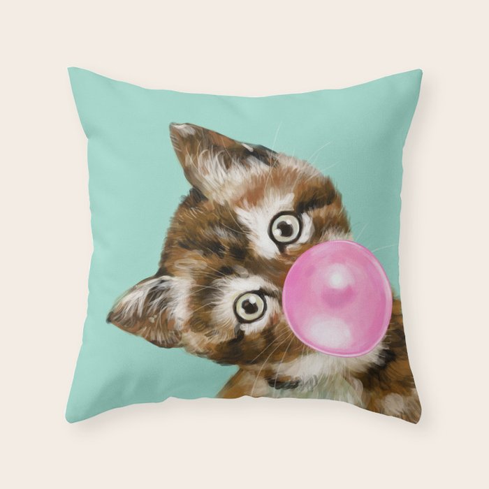 Bubble Gum Baby Cat in Green Throw Pillow Gallery Image 6