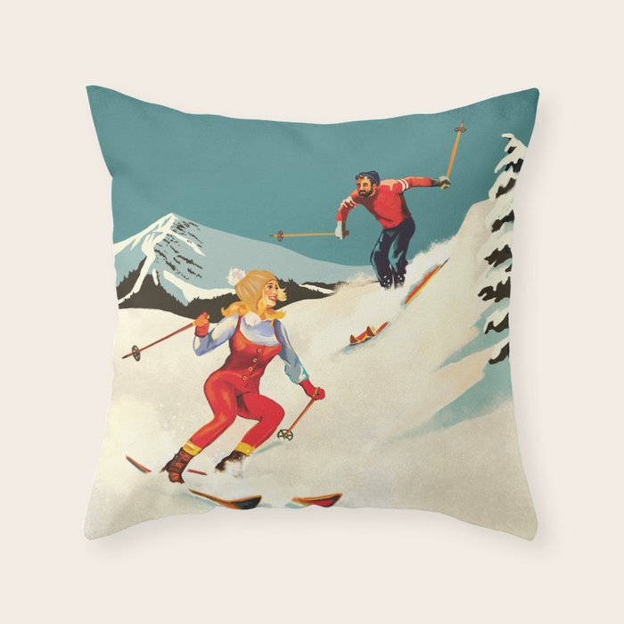 Retro Skiing Couple Throw Pillow Gallery Image 6