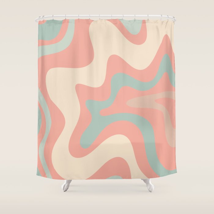 Retro Liquid Swirl Abstract Square Pattern in Pastel Blush Mint Shower Curtain Gallery Image 1