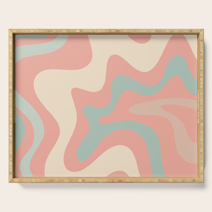 Retro Liquid Swirl Abstract Square Pattern in Pastel Blush Mint Serving Tray Gallery Image 1