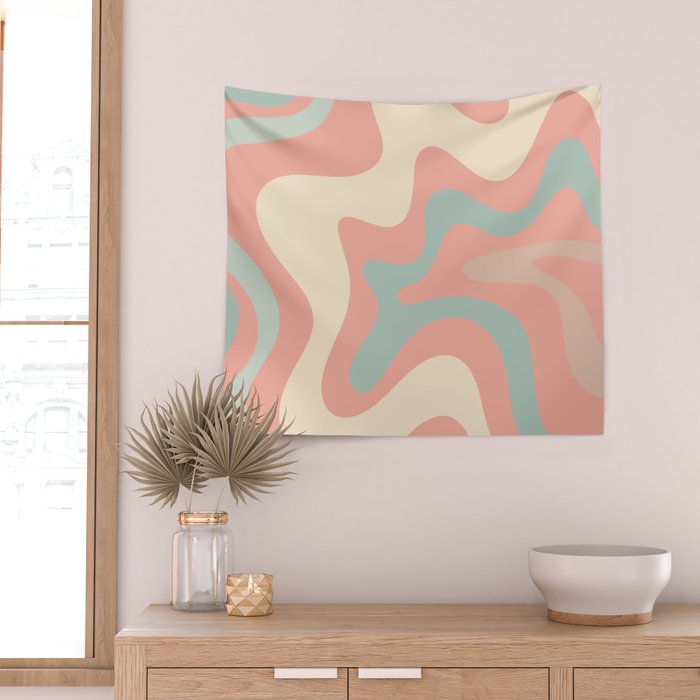 Retro Liquid Swirl Abstract Square Pattern in Pastel Blush Mint Wall Tapestry Gallery Image 2
