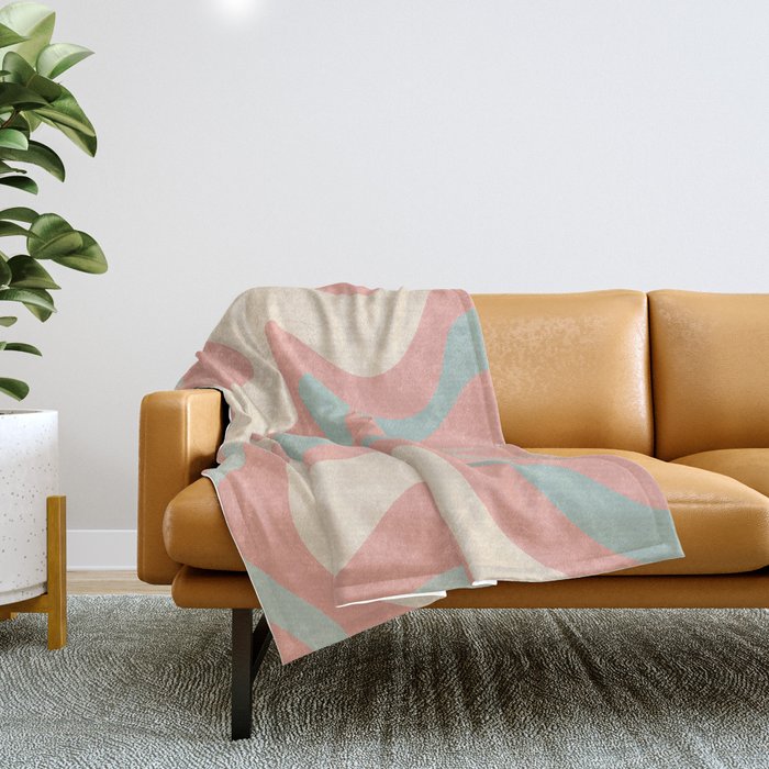 Retro Liquid Swirl Abstract Square Pattern in Pastel Blush Mint Throw Blanket Gallery Image 1