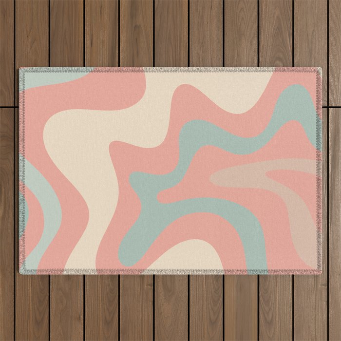 Retro Liquid Swirl Abstract Square Pattern in Pastel Blush Mint Outdoor Rug Gallery Image 1