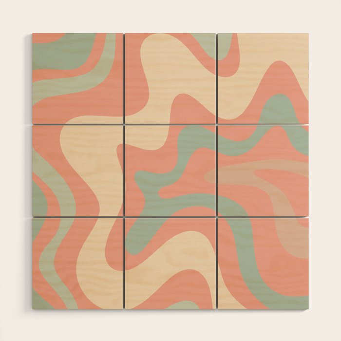 Retro Liquid Swirl Abstract Square Pattern in Pastel Blush Mint Wood Wall Art Gallery Image 1