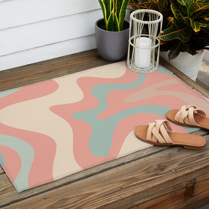 Retro Liquid Swirl Abstract Square Pattern in Pastel Blush Mint Outdoor Rug Gallery Image 2