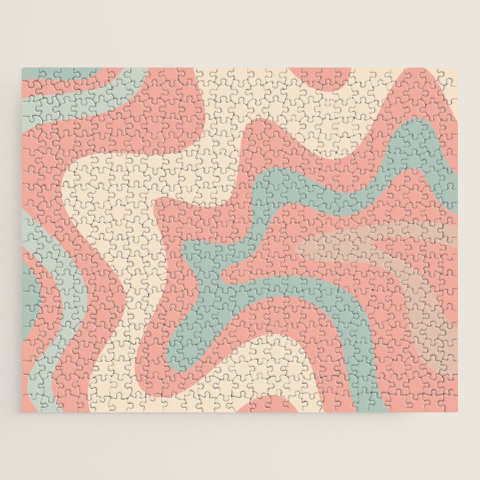 Retro Liquid Swirl Abstract Square Pattern in Pastel Blush Mint Jigsaw Puzzle Gallery Image 1