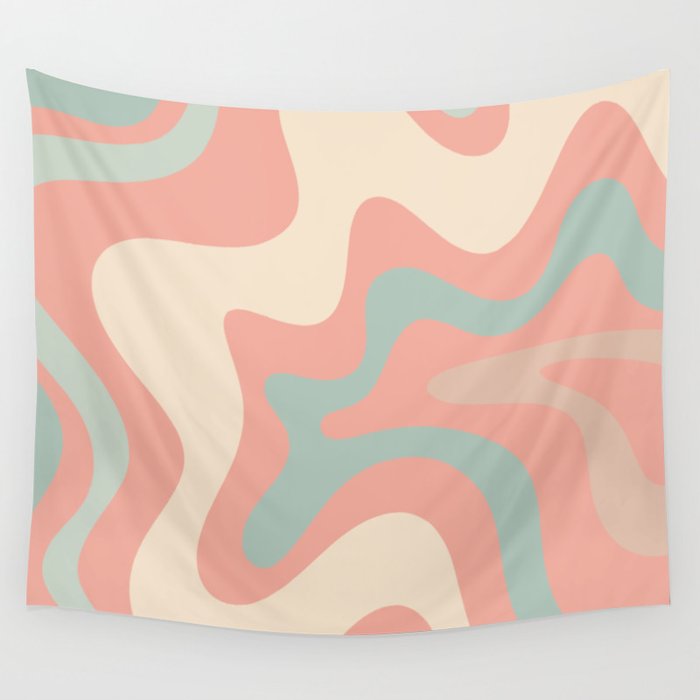 Retro Liquid Swirl Abstract Square Pattern in Pastel Blush Mint Wall Tapestry Gallery Image 4