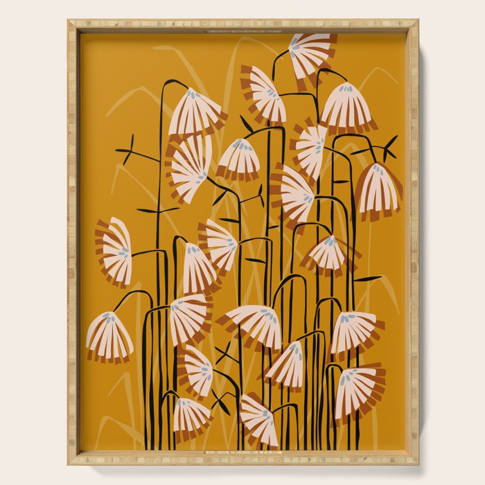 Linocut flower meadow mustard yellow Serving Tray Gallery Image 1