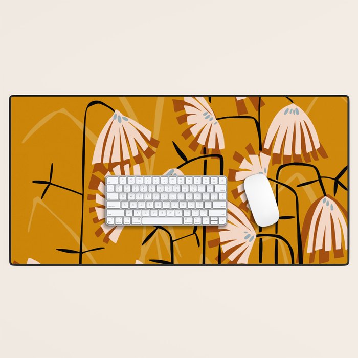 Linocut flower meadow mustard yellow Desk Mat Gallery Image 1