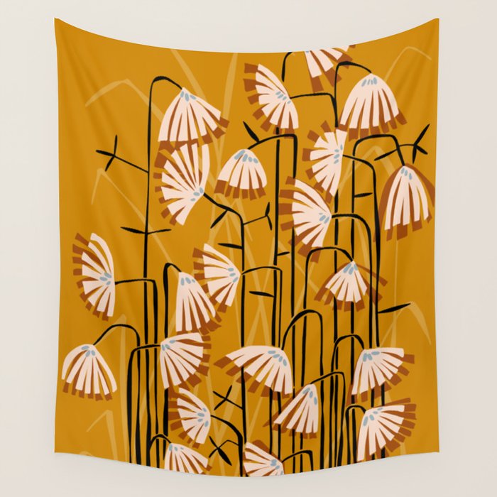 Linocut flower meadow mustard yellow Wall Tapestry Gallery Image 1