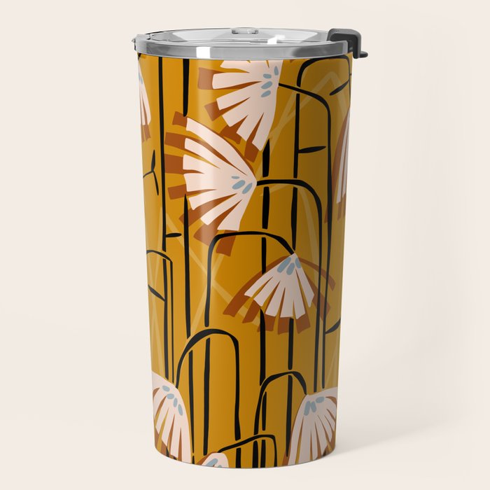 Linocut flower meadow mustard yellow Travel Mug Gallery Image 2