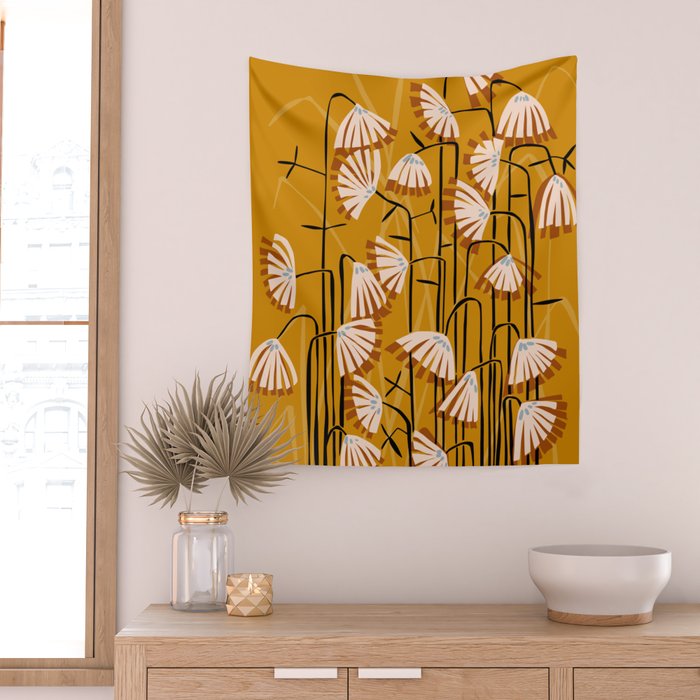 Linocut flower meadow mustard yellow Wall Tapestry Gallery Image 2