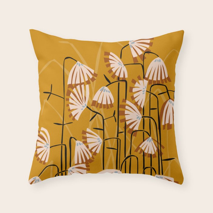 Linocut flower meadow mustard yellow Throw Pillow Gallery Image 6