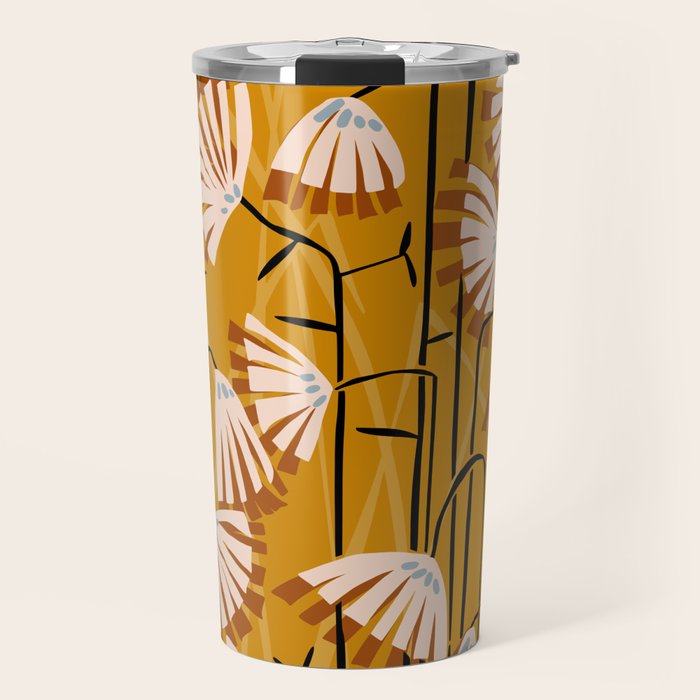Linocut flower meadow mustard yellow Travel Mug Gallery Image 1