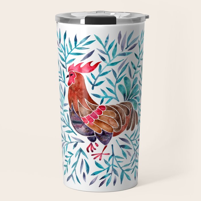 Le Coq - Watercolor Rooster with Turquoise Leaves Travel Mug Gallery Image 1
