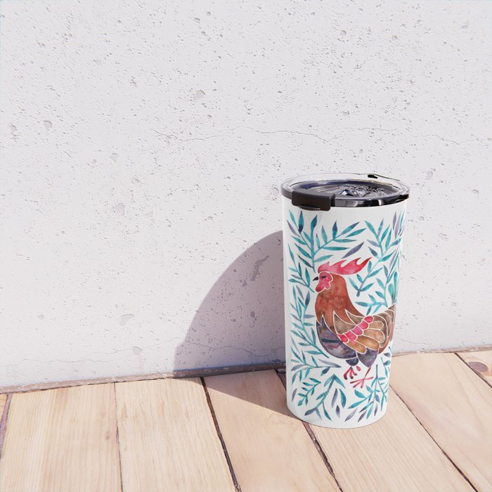Le Coq - Watercolor Rooster with Turquoise Leaves Travel Mug Gallery Image 4