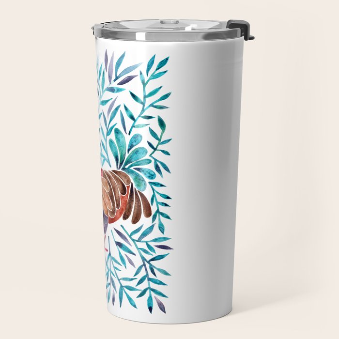 Le Coq - Watercolor Rooster with Turquoise Leaves Travel Mug Gallery Image 2