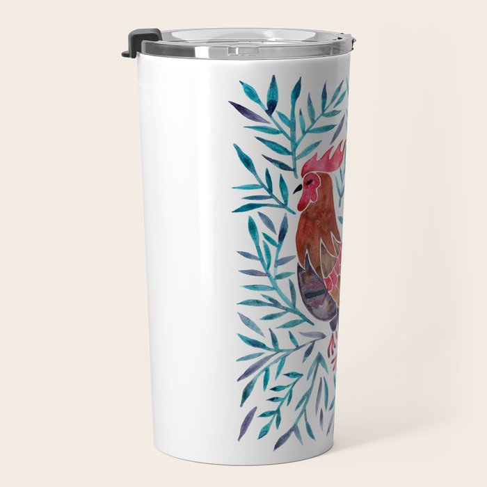 Le Coq - Watercolor Rooster with Turquoise Leaves Travel Mug Gallery Image 3
