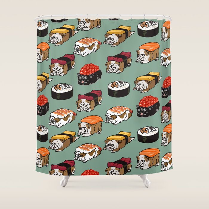 Sushi English Bulldog Shower Curtain Gallery Image 1