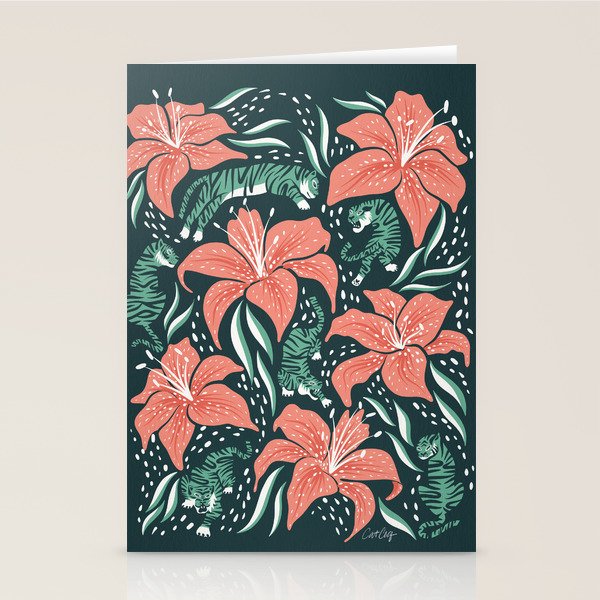 Tigers & Tiger Lilies - Teal & Rose Stationery Card Gallery Image 1