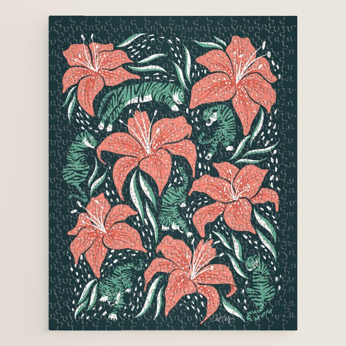 Tigers & Tiger Lilies - Teal & Rose Jigsaw Puzzle Gallery Image 1