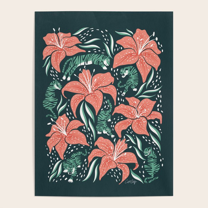 Tigers & Tiger Lilies - Teal & Rose Poster Gallery Image 4