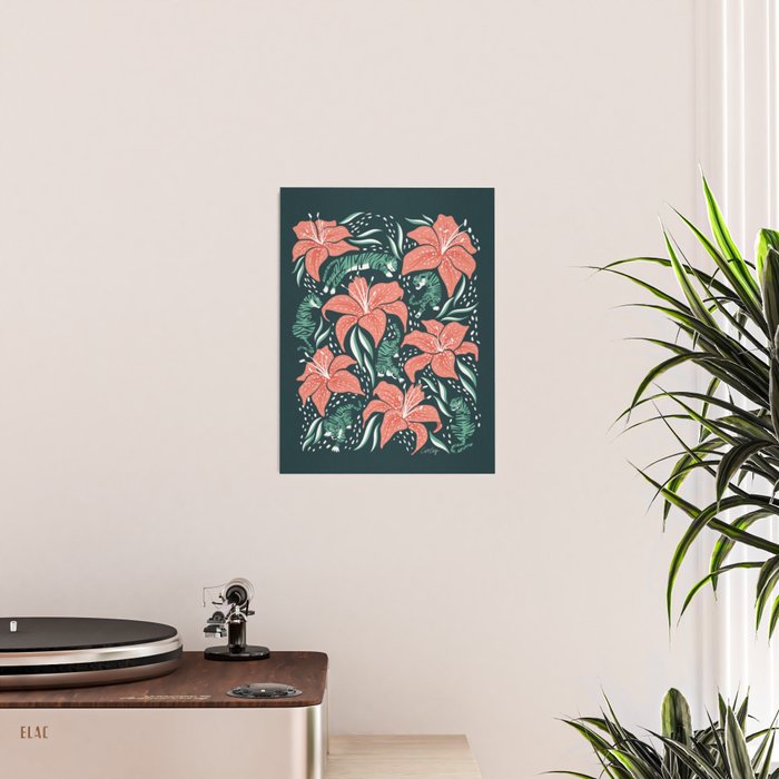 Tigers & Tiger Lilies - Teal & Rose Poster Gallery Image 2