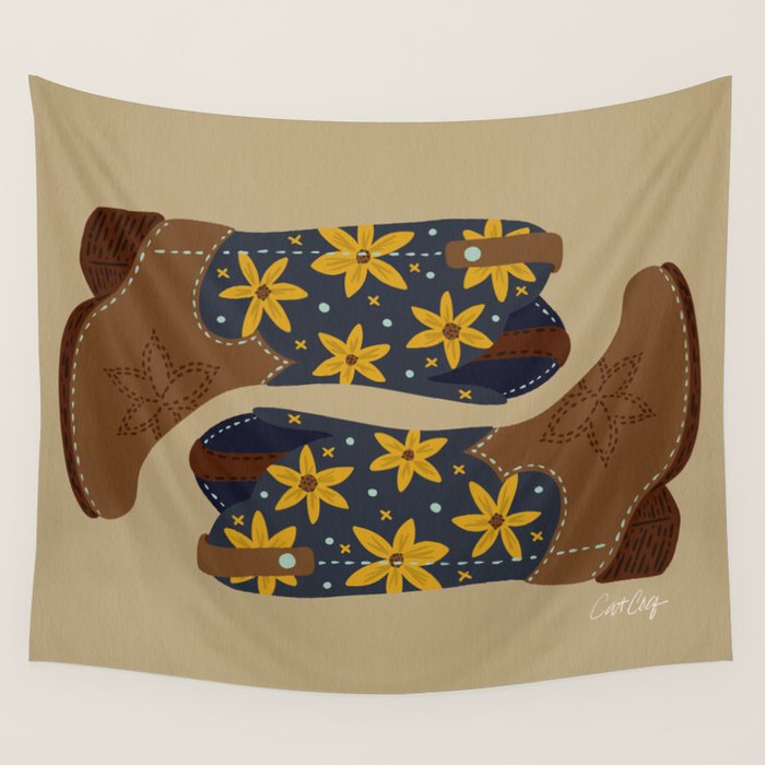 Cowgirl Boots â Teal & Yellow Wall Tapestry Gallery Image 4