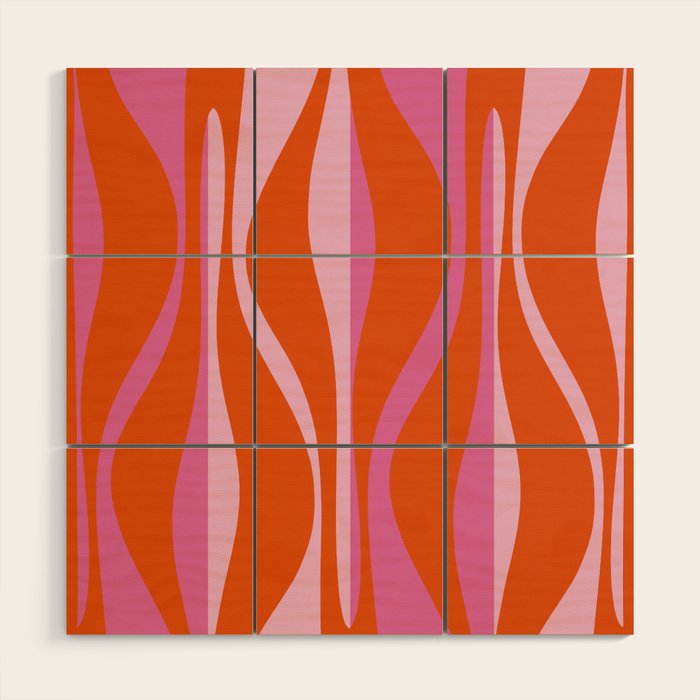 Mid Century Modern Retro Lounge Ogee Pattern in Red Orange and Hot Pink Wood Wall Art Gallery Image 1