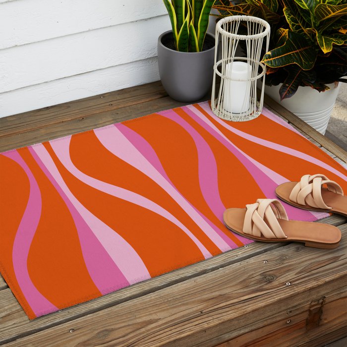 Mid Century Modern Retro Lounge Ogee Pattern in Red Orange and Hot Pink Outdoor Rug Gallery Image 2