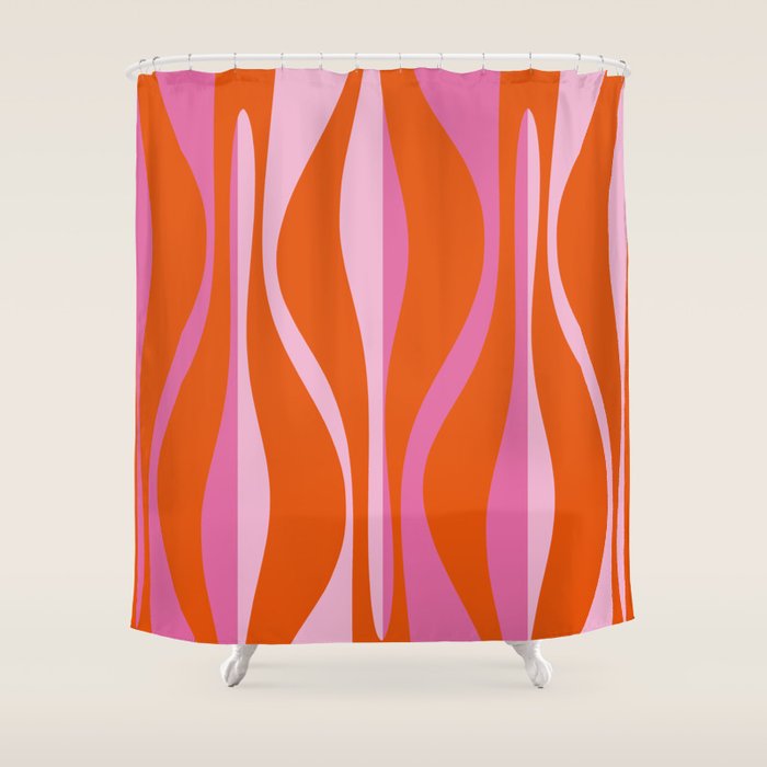 Mid Century Modern Retro Lounge Ogee Pattern in Red Orange and Hot Pink Shower Curtain Gallery Image 1