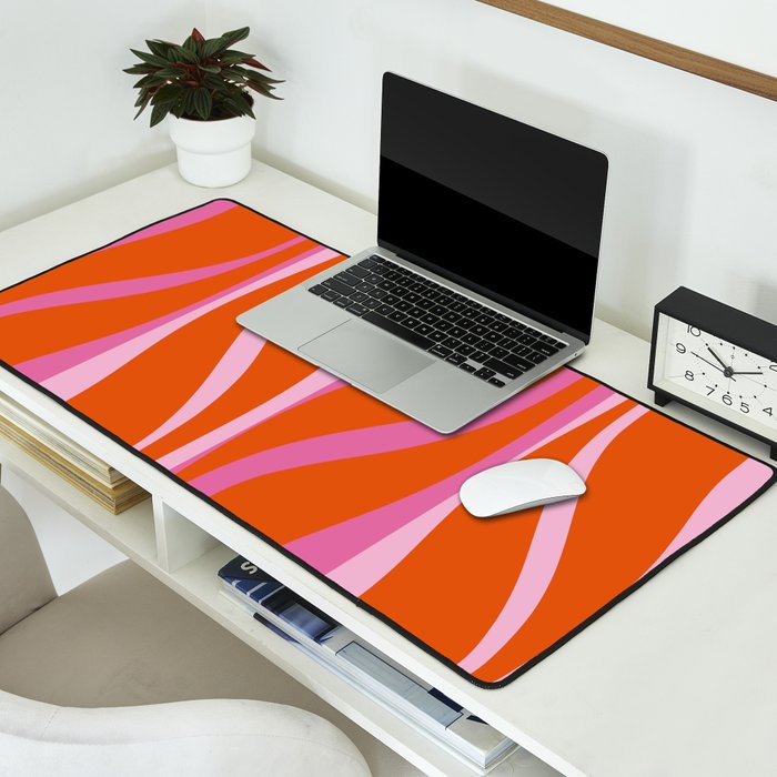 Mid Century Modern Retro Lounge Ogee Pattern in Red Orange and Hot Pink Desk Mat Gallery Image 2