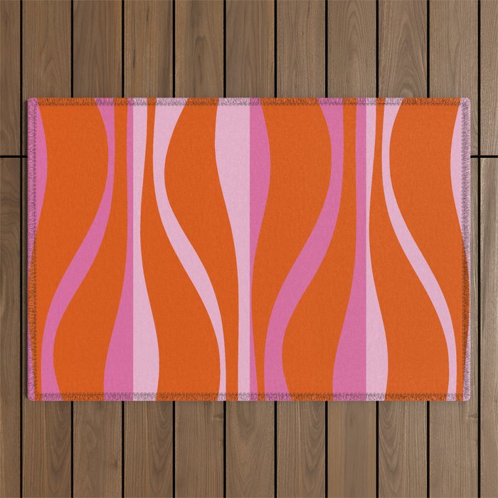 Mid Century Modern Retro Lounge Ogee Pattern in Red Orange and Hot Pink Outdoor Rug Gallery Image 1