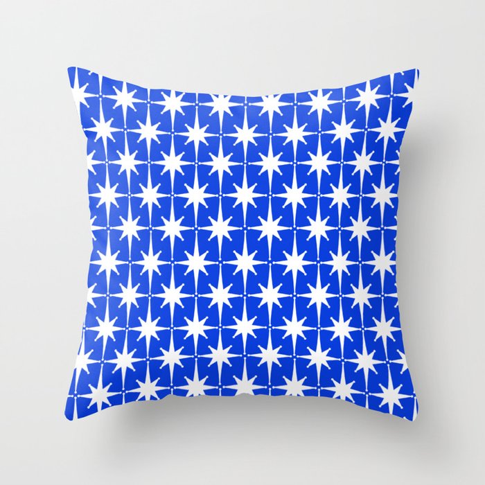 Royal Blue Mid Century Modern Atomic Age Starburst Stars Pattern Throw Pillow Gallery Image 1