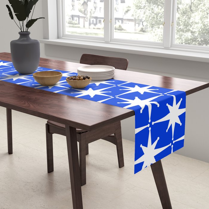 Royal Blue Mid Century Modern Atomic Age Starburst Stars Pattern Table Runner Gallery Image 2