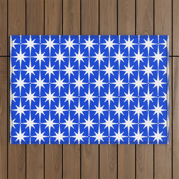 Royal Blue Mid Century Modern Atomic Age Starburst Stars Pattern Outdoor Rug Gallery Image 1