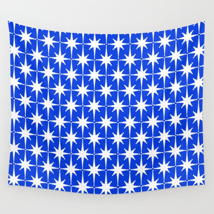 Royal Blue Mid Century Modern Atomic Age Starburst Stars Pattern Wall Tapestry Gallery Image 1