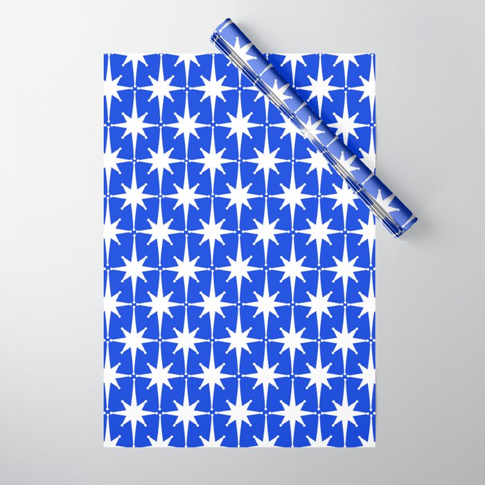 Royal Blue Mid Century Modern Atomic Age Starburst Stars Pattern Wrapping Paper Gallery Image 1