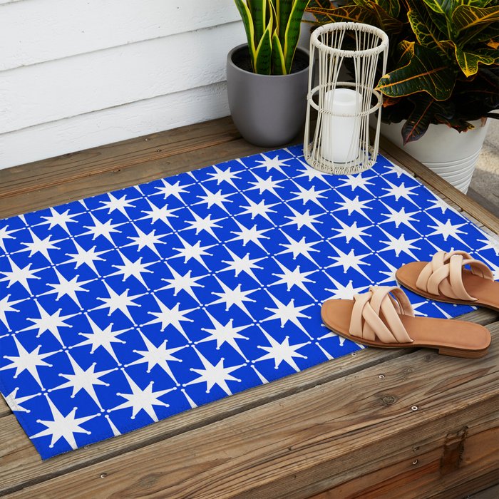 Royal Blue Mid Century Modern Atomic Age Starburst Stars Pattern Outdoor Rug Gallery Image 2