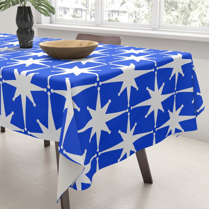 Royal Blue Mid Century Modern Atomic Age Starburst Stars Pattern Tablecloth Gallery Image 3