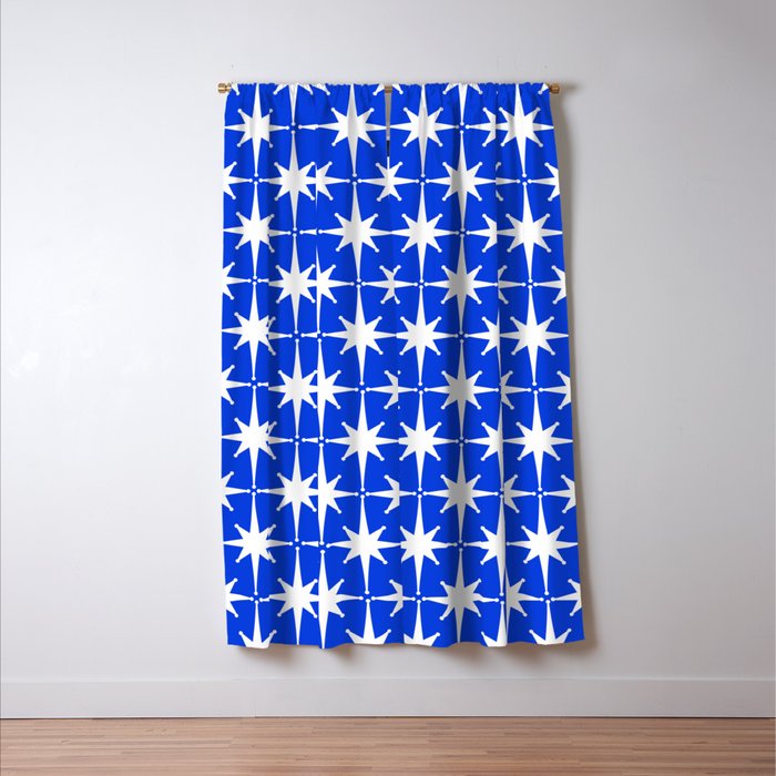 Royal Blue Mid Century Modern Atomic Age Starburst Stars Pattern Window Curtain Gallery Image 3