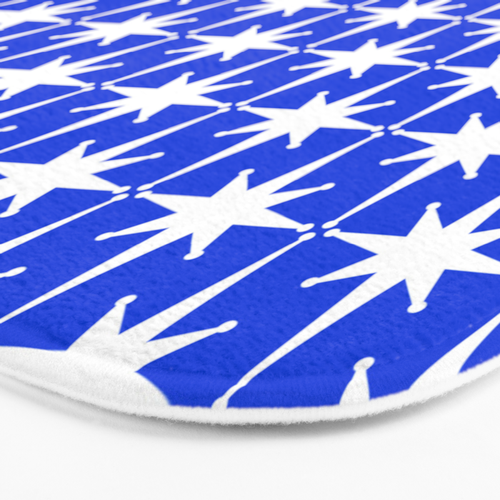 Royal Blue Mid Century Modern Atomic Age Starburst Stars Pattern Bath Mat Gallery Image 3