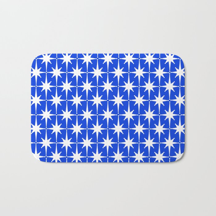 Royal Blue Mid Century Modern Atomic Age Starburst Stars Pattern Bath Mat Gallery Image 1