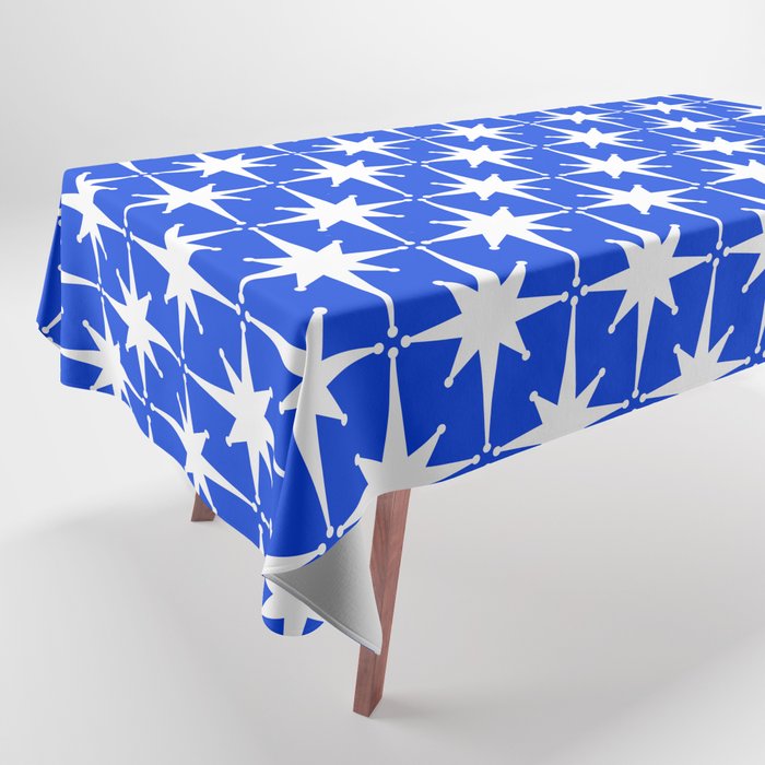 Royal Blue Mid Century Modern Atomic Age Starburst Stars Pattern Tablecloth Gallery Image 1