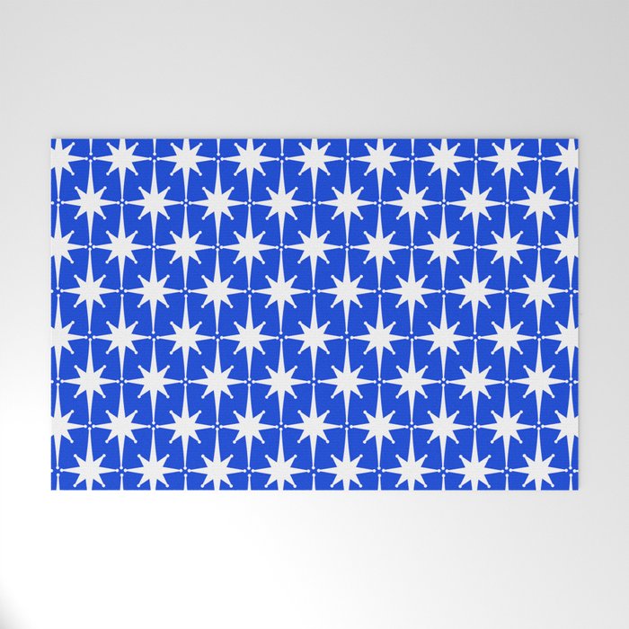 Royal Blue Mid Century Modern Atomic Age Starburst Stars Pattern Welcome Mat Gallery Image 1