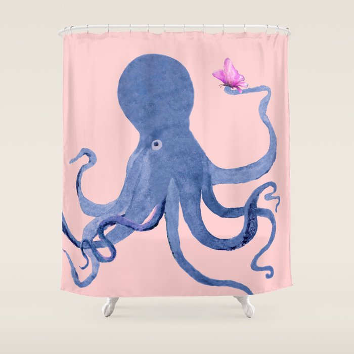 Blue Octopus and Butterfly Shower Curtain Gallery Image 1