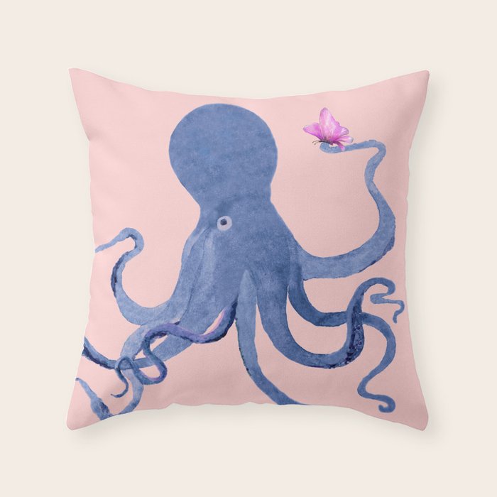 Blue Octopus and Butterfly Throw Pillow Gallery Image 6