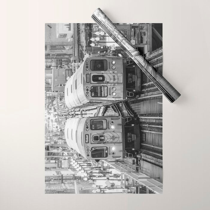Black and White Chicago Train El Train above Wabash Ave the Loop Windy City Wrapping Paper Gallery Image 1
