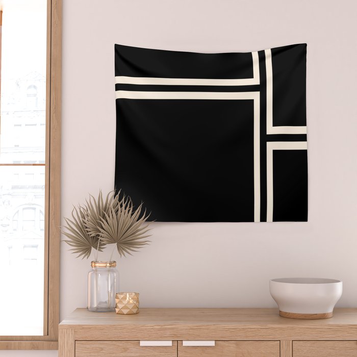 Strong Deco - Geometric Minimalism in Almond Cream and Black Wall Tapestry Gallery Image 2