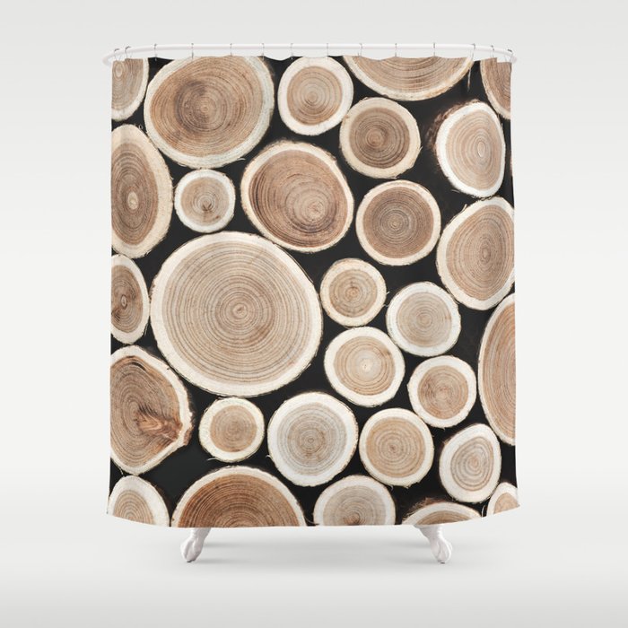 Stacked Logs  4 - Timber - Tree - Woodlands Cabin  Photography by Ingrid Beddoes Shower Curtain Gallery Image 1